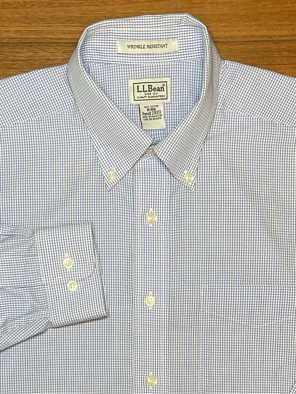 L.L. Bean Wrinkle Resistant Blue Micro Check Dress Shirt Men's Medium 100%Cotton